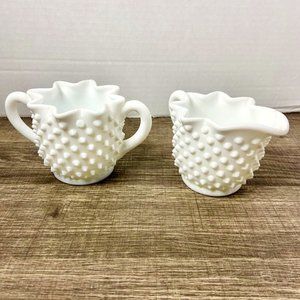 Fenton Hobnail Milk Glass Crimped Cream and Sugar